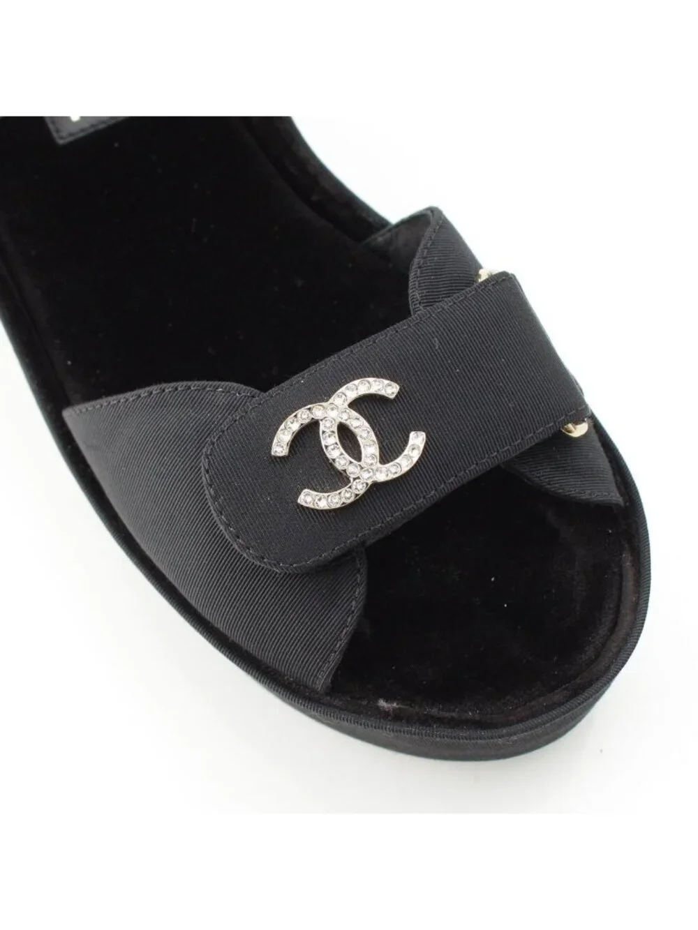 Chanel Rhinestone CC Logo Velcro Sandals Shoes Black 38C